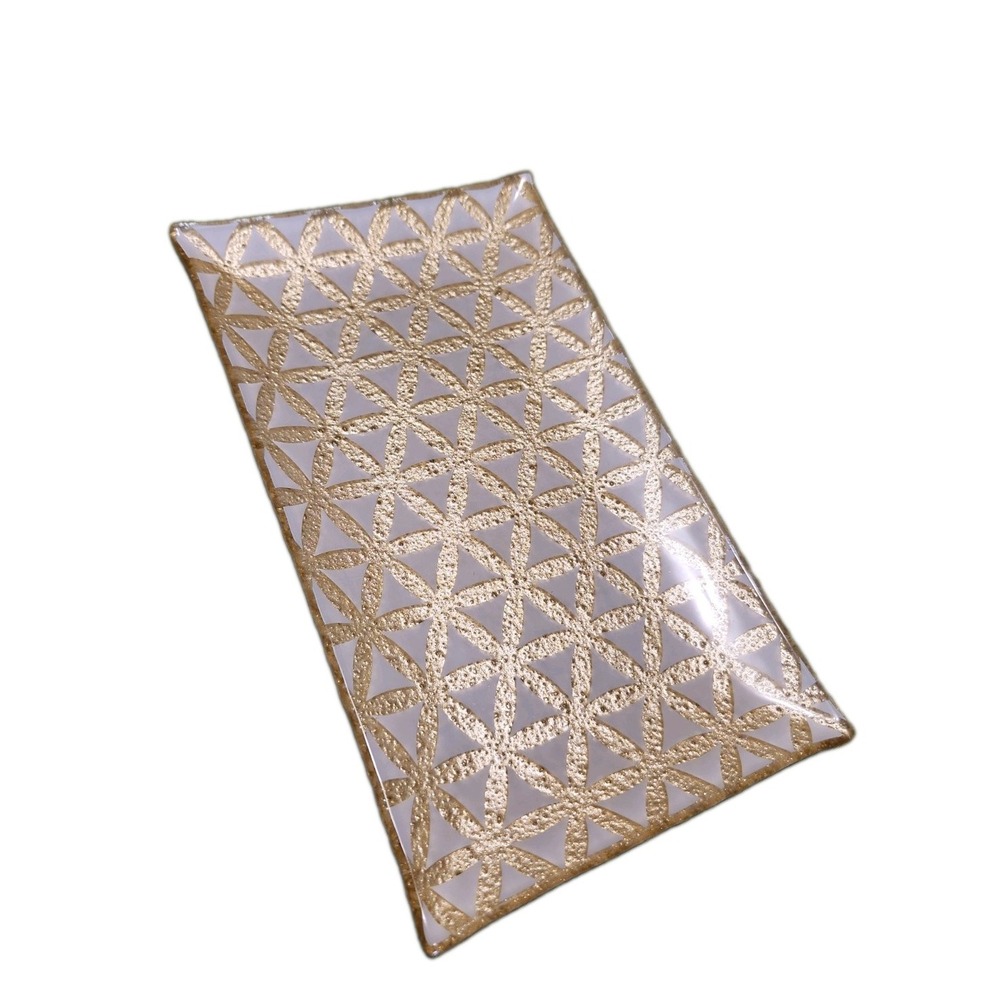 Reverse Painted Gold Geometric Glass Vanity Tray 10x6 Flower of Life Design